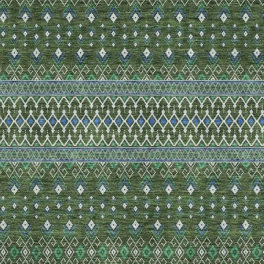 Olive Green Blue And Ivory Tribal Washable Area Rug With UV Protection Photo 4