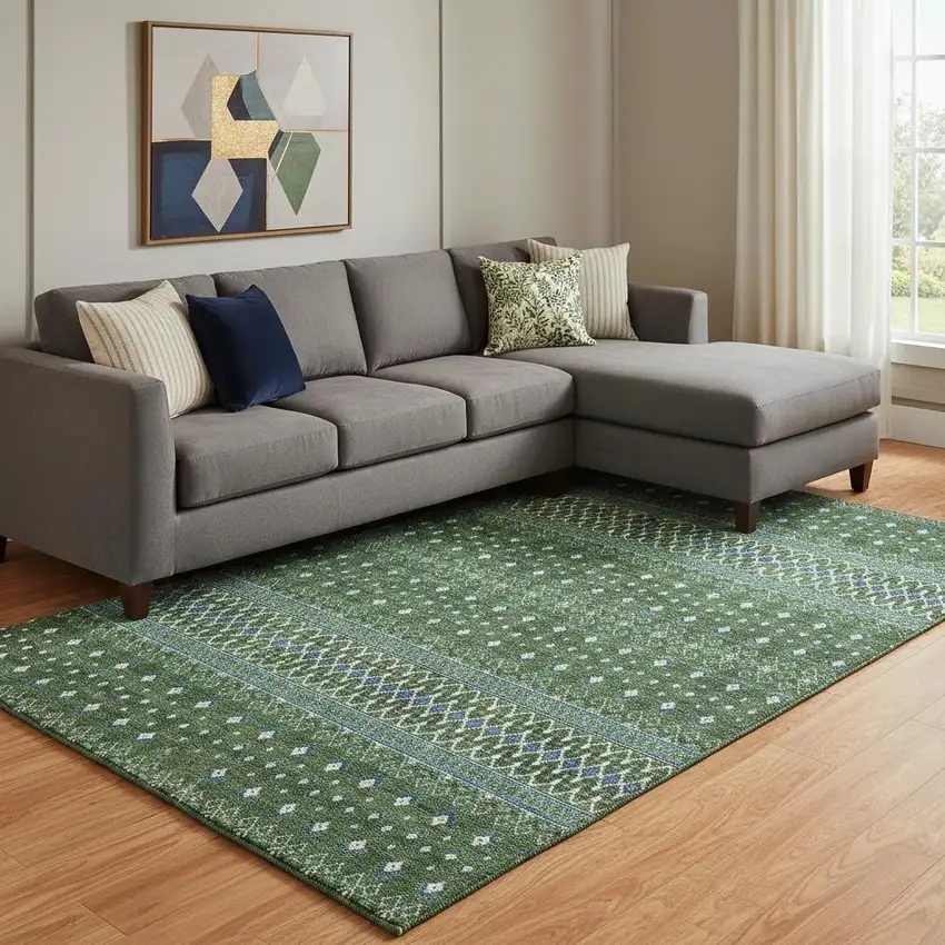 Olive Green Blue And Ivory Tribal Washable Area Rug With UV Protection Photo 1