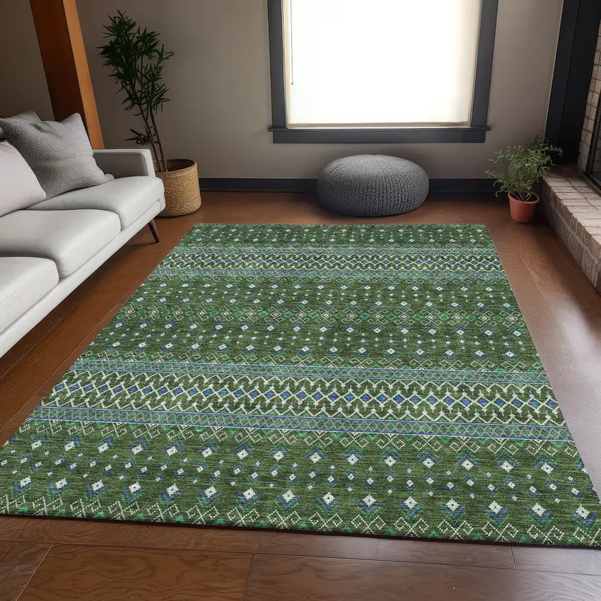 Olive Green Blue And Ivory Tribal Washable Area Rug With UV Protection Photo 6