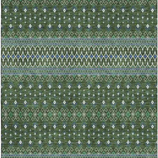 Olive Green Blue And Ivory Tribal Washable Area Rug With UV Protection Photo 4