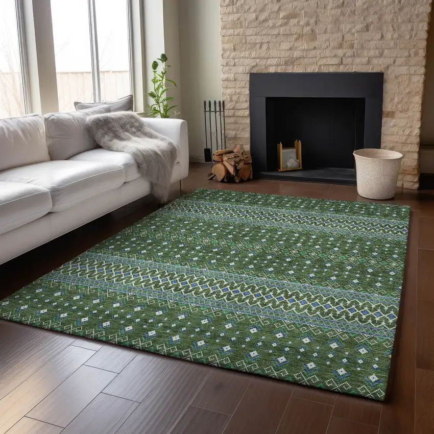 Olive Green Blue And Ivory Tribal Washable Area Rug With UV Protection Photo 6
