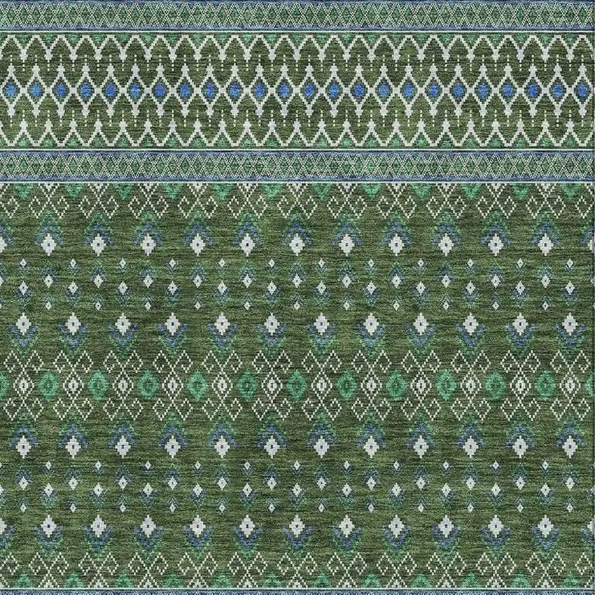 Olive Green Blue And Ivory Tribal Washable Area Rug With UV Protection Photo 5