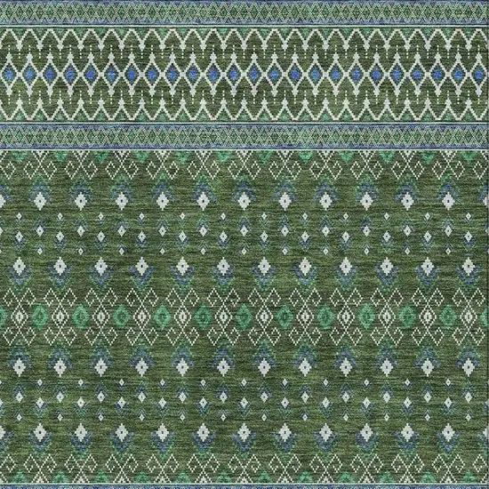Olive Green Blue And Ivory Tribal Washable Area Rug With UV Protection Photo 5