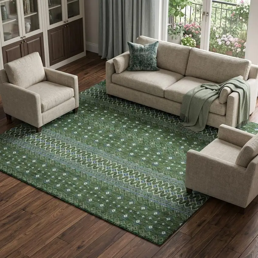 Olive Green Blue And Ivory Tribal Washable Area Rug With UV Protection Photo 1