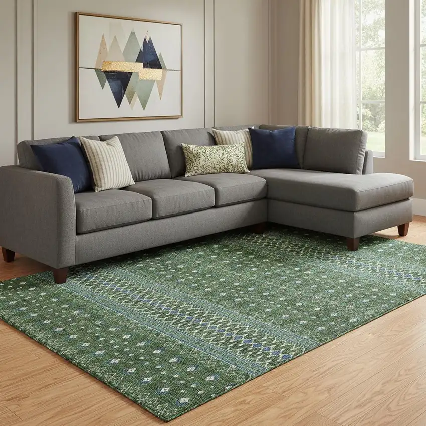 Olive Green Blue And Ivory Tribal Washable Area Rug With UV Protection Photo 1