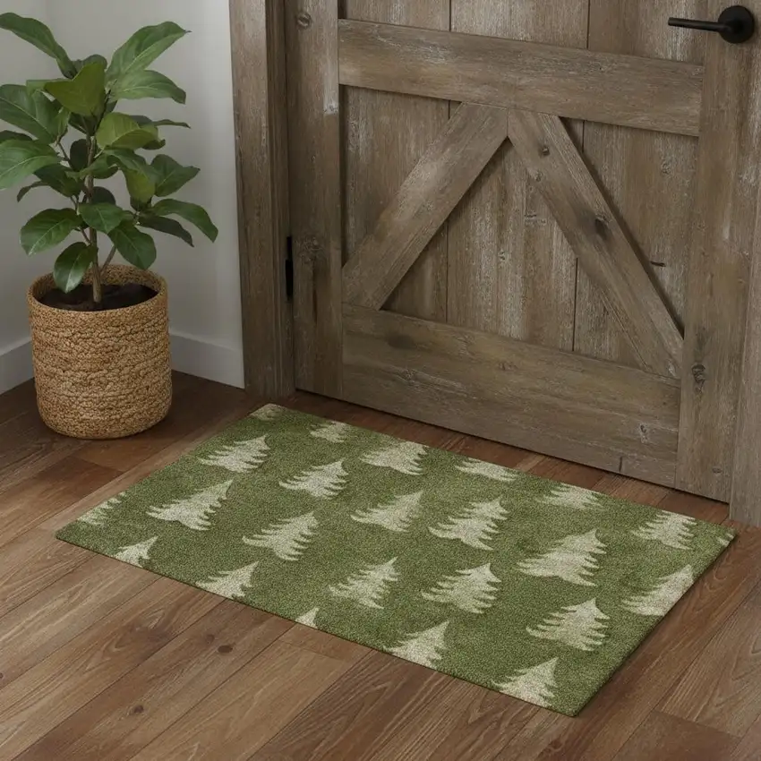 Olive Green Botanical Leaves Area Rug Photo 1