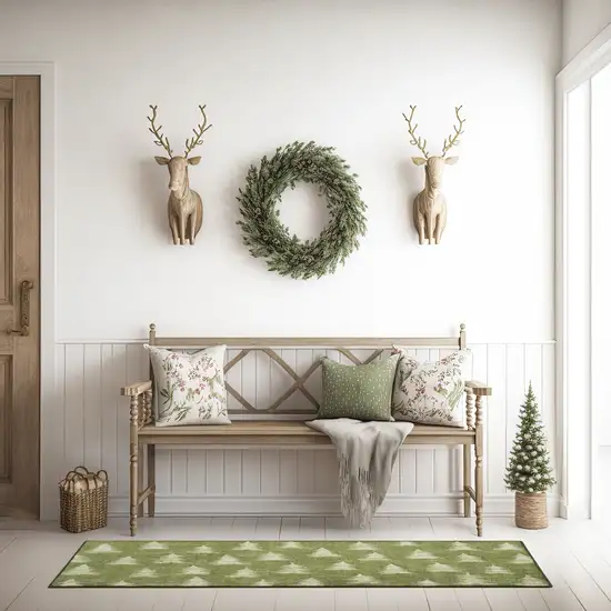 Olive Green Botanical Leaves Runner Rug Photo 4