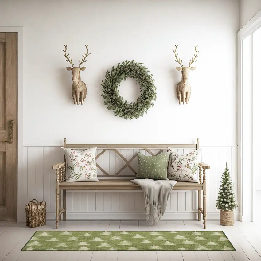 Olive Green Botanical Leaves Runner Rug Photo 4