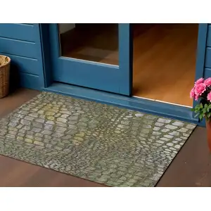 Photo of Olive Green Brown And Gold Abstract Washable Indoor Outdoor Area Rug