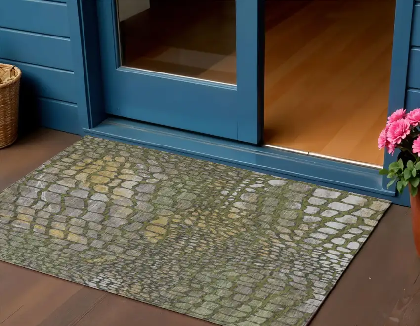 Olive Green Brown And Gold Abstract Washable Indoor Outdoor Area Rug Photo 1
