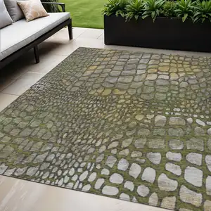 Photo of Olive Green Brown And Gold Abstract Washable Indoor Outdoor Area Rug