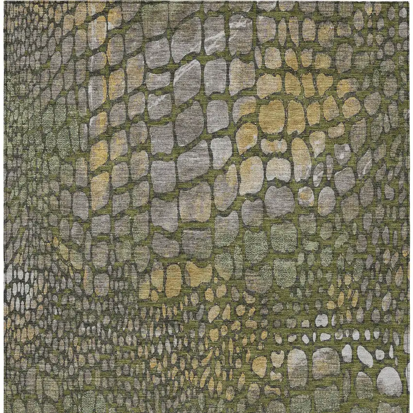 Olive Green Brown And Gold Abstract Washable Indoor Outdoor Area Rug Photo 6