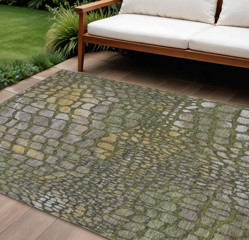 Olive Green Brown And Gold Abstract Washable Indoor Outdoor Area Rug Photo 1