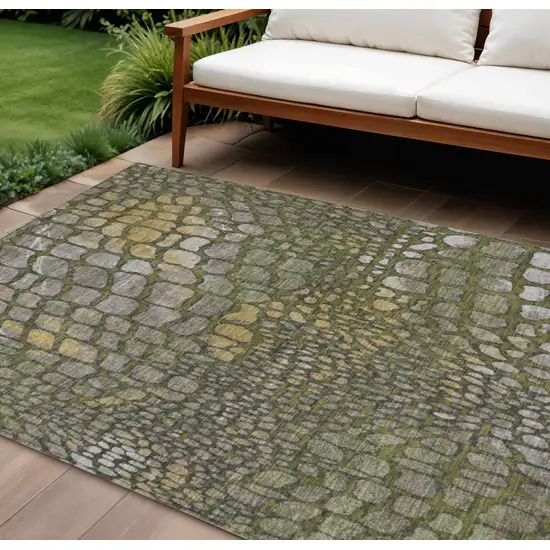 Olive Green Brown And Gold Abstract Washable Indoor Outdoor Area Rug Photo 1