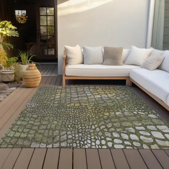 Olive Green Brown And Gold Abstract Washable Indoor Outdoor Area Rug Photo 7