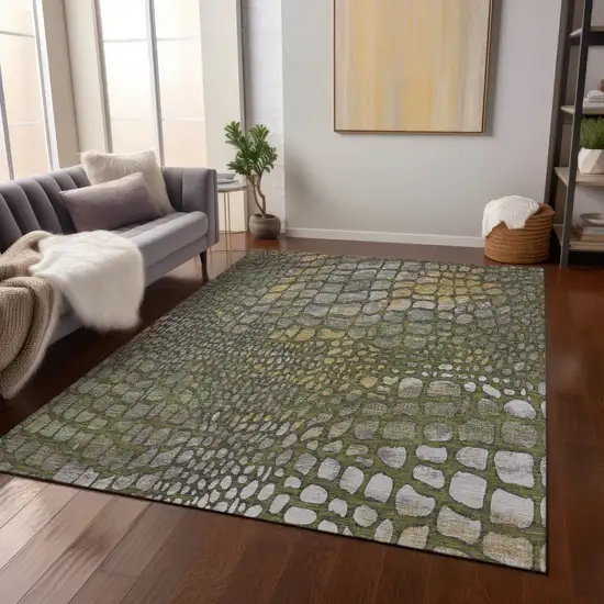 Olive Green Brown And Gold Abstract Washable Indoor Outdoor Area Rug Photo 8