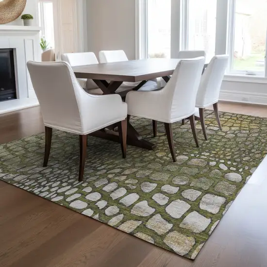 Olive Green Brown And Gold Abstract Washable Indoor Outdoor Area Rug Photo 9