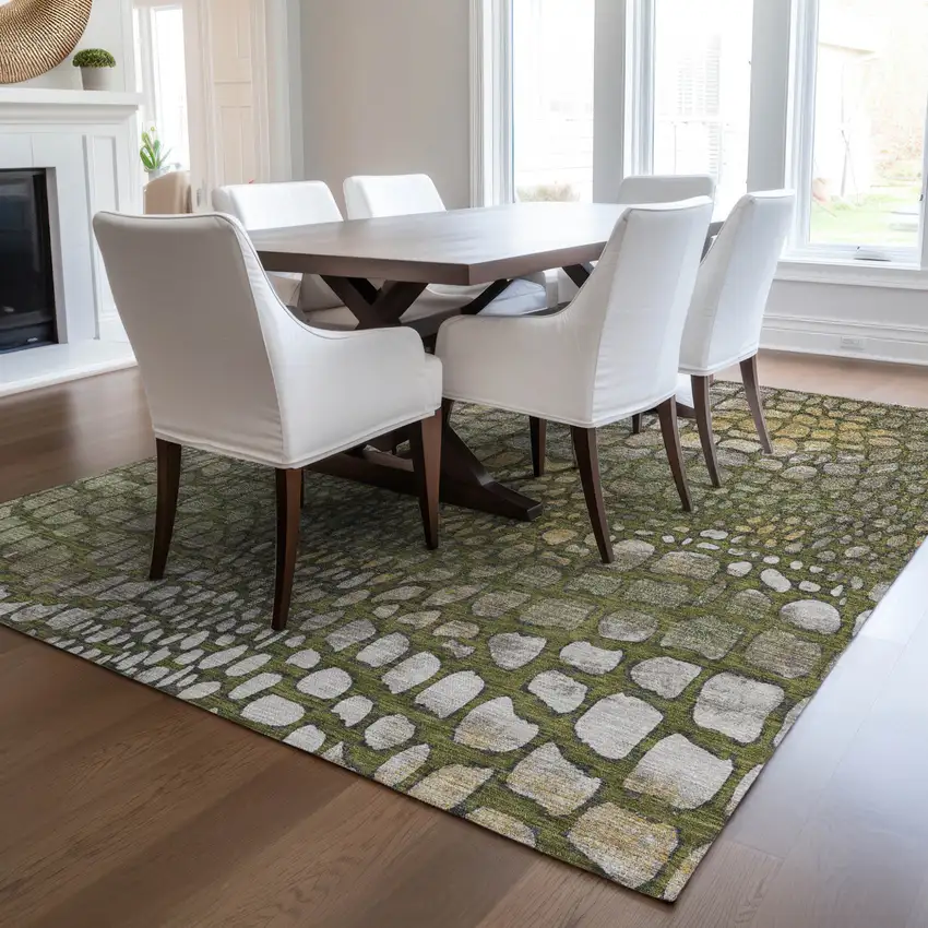 Olive Green Brown And Gold Abstract Washable Indoor Outdoor Area Rug Photo 9