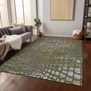 Photo of Olive Green Brown And Gold Abstract Washable Indoor Outdoor Area Rug