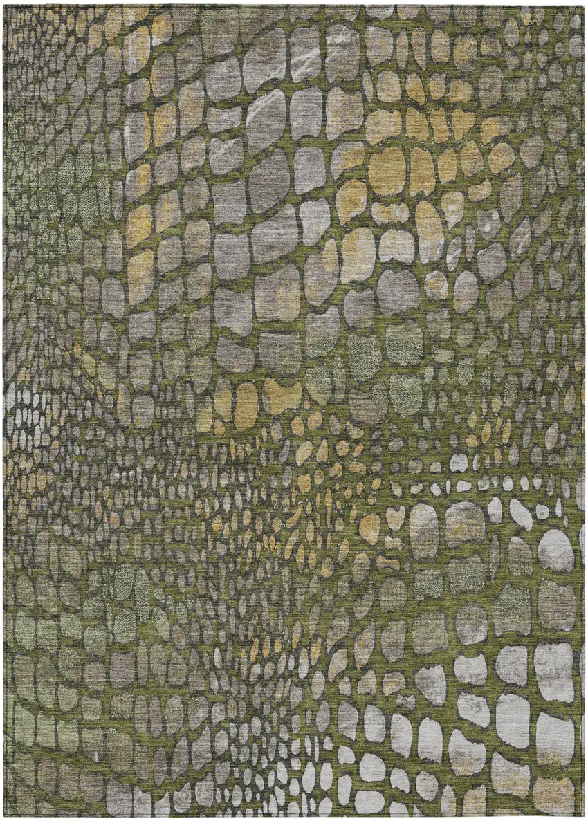Olive Green Brown And Gold Abstract Washable Indoor Outdoor Area Rug Photo 2