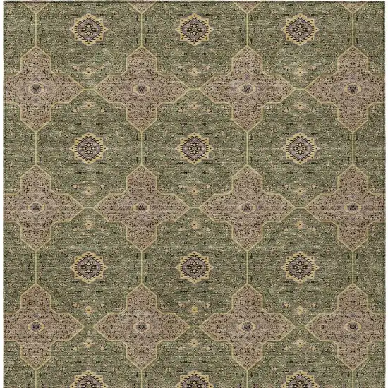 Olive Green Brown And Gold Quatrefoil Washable Indoor Outdoor Area Rug Photo 3