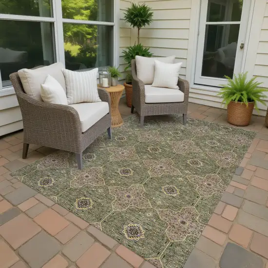 Olive Green Brown And Gold Quatrefoil Washable Indoor Outdoor Area Rug Photo 4