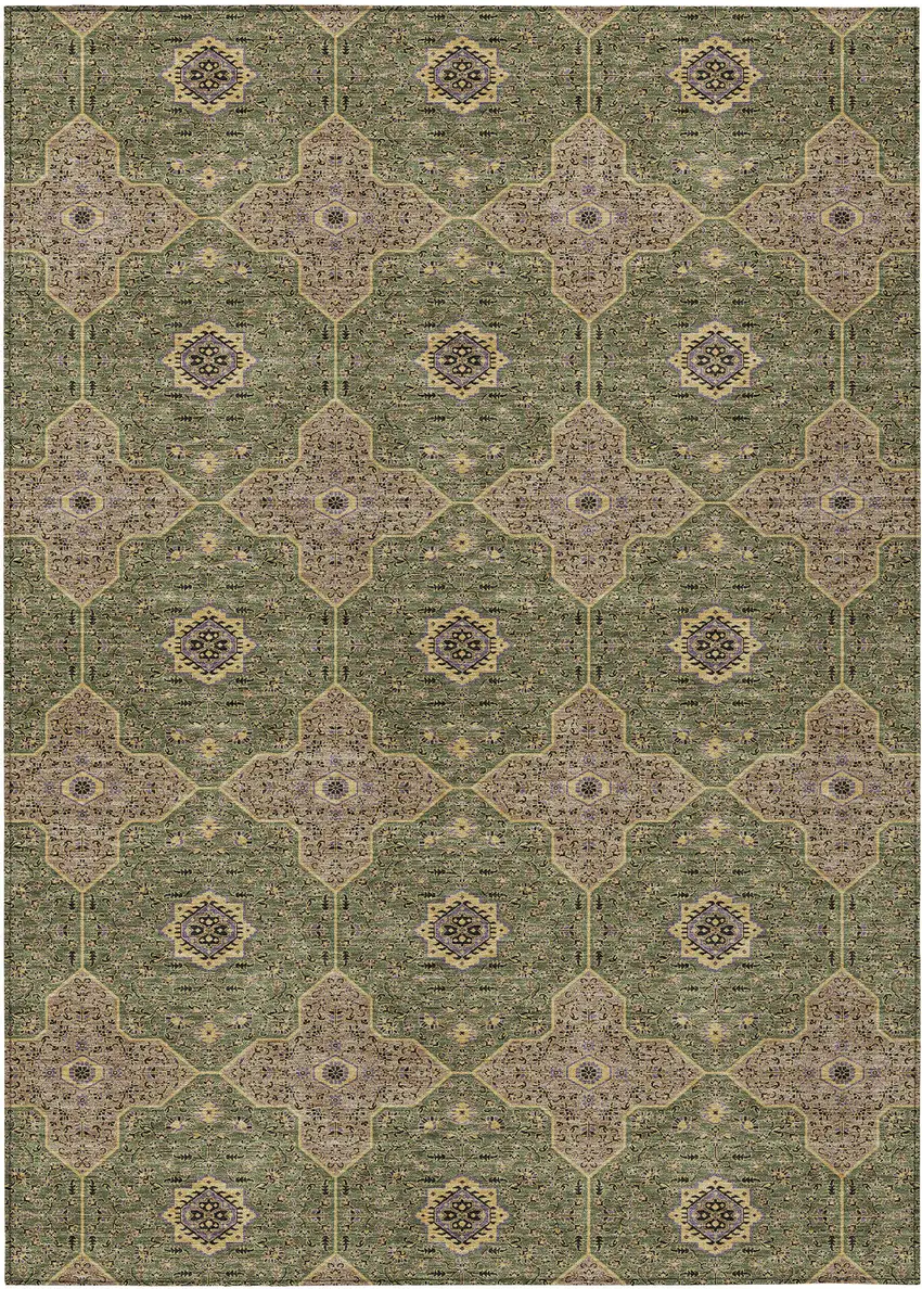 Olive Green Brown And Gold Quatrefoil Washable Indoor Outdoor Area Rug Photo 1