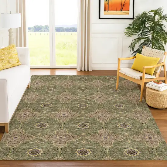 Olive Green Brown And Gold Quatrefoil Washable Indoor Outdoor Area Rug Photo 5