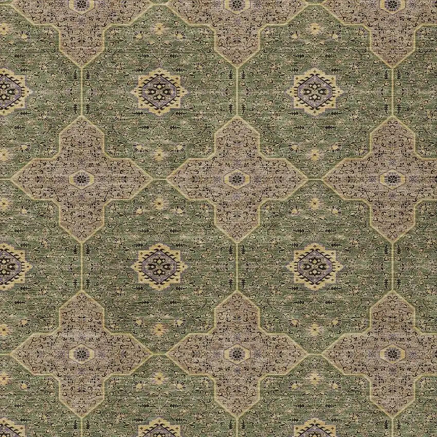 Olive Green Brown And Gold Quatrefoil Washable Indoor Outdoor Area Rug Photo 2