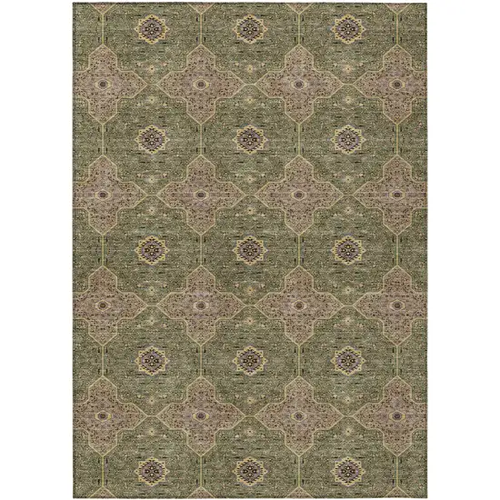 Olive Green Brown And Gold Quatrefoil Washable Indoor Outdoor Area Rug Photo 1