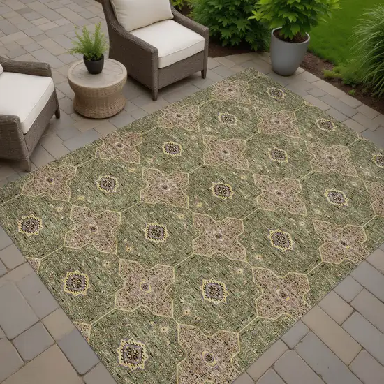 Olive Green Brown And Gold Quatrefoil Washable Indoor Outdoor Area Rug Photo 7