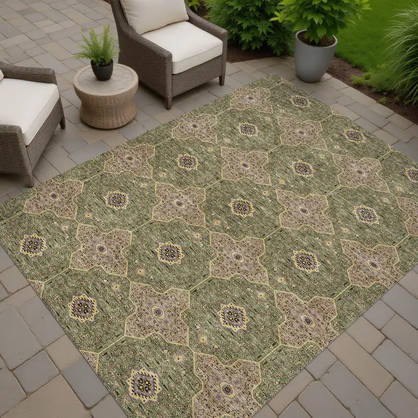 Olive Green Brown And Gold Quatrefoil Washable Indoor Outdoor Area Rug Photo 7