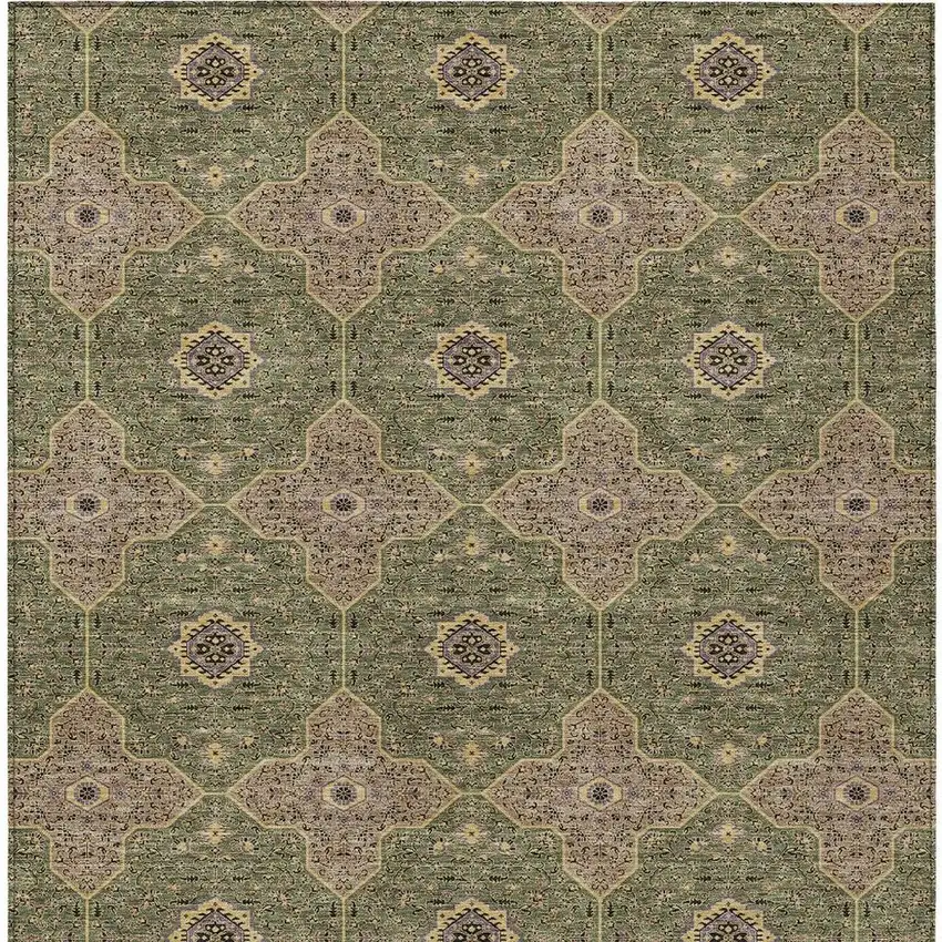 Olive Green Brown And Gold Quatrefoil Washable Indoor Outdoor Area Rug Photo 2