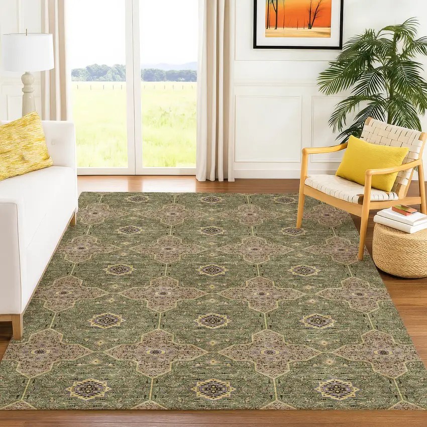 Olive Green Brown And Gold Quatrefoil Washable Indoor Outdoor Area Rug Photo 5
