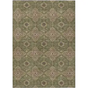 Photo of Olive Green Brown And Gold Quatrefoil Washable Indoor Outdoor Area Rug