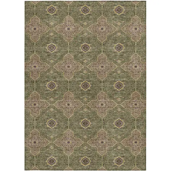 Olive Green Brown And Gold Quatrefoil Washable Indoor Outdoor Area Rug Photo 3