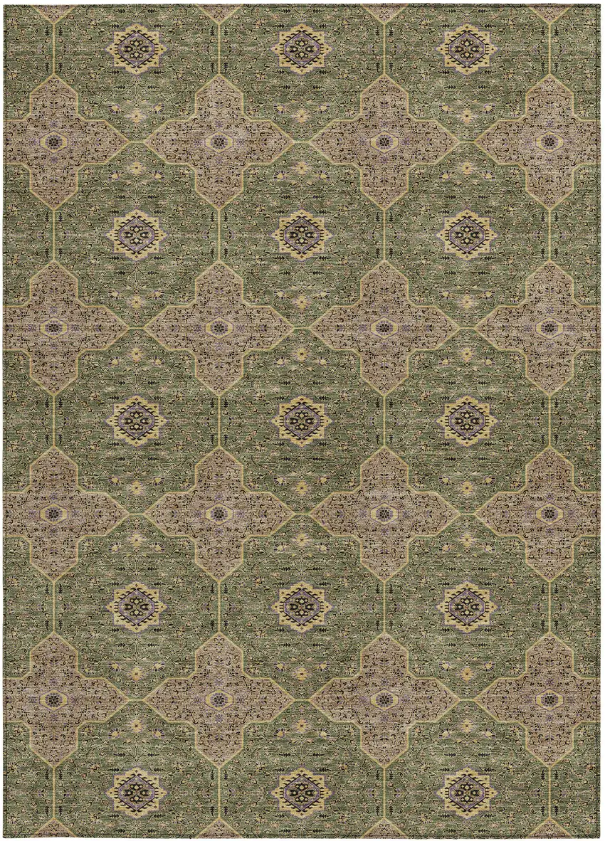 Olive Green Brown And Gold Quatrefoil Washable Indoor Outdoor Area Rug Photo 3