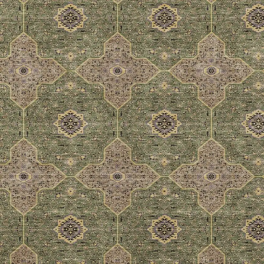 Olive Green Brown And Gold Quatrefoil Washable Indoor Outdoor Area Rug Photo 2