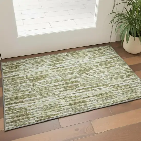 Olive Green Brown And Ivory Abstract Washable Area Rug With UV Protection Photo 2