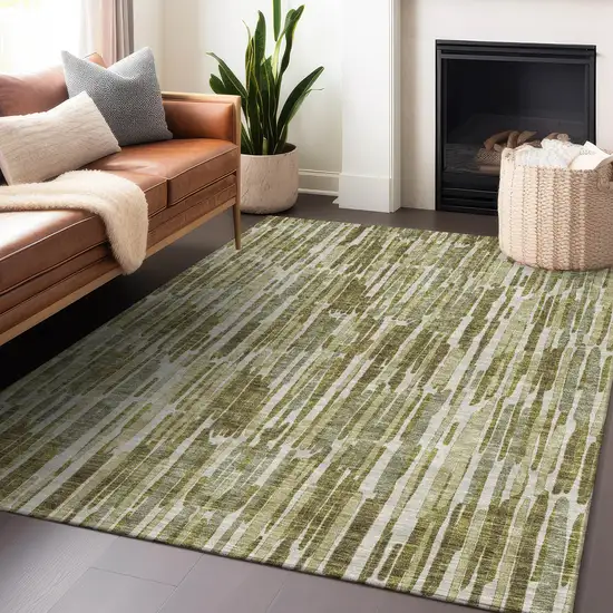 Olive Green Brown And Ivory Abstract Washable Area Rug With UV Protection Photo 5