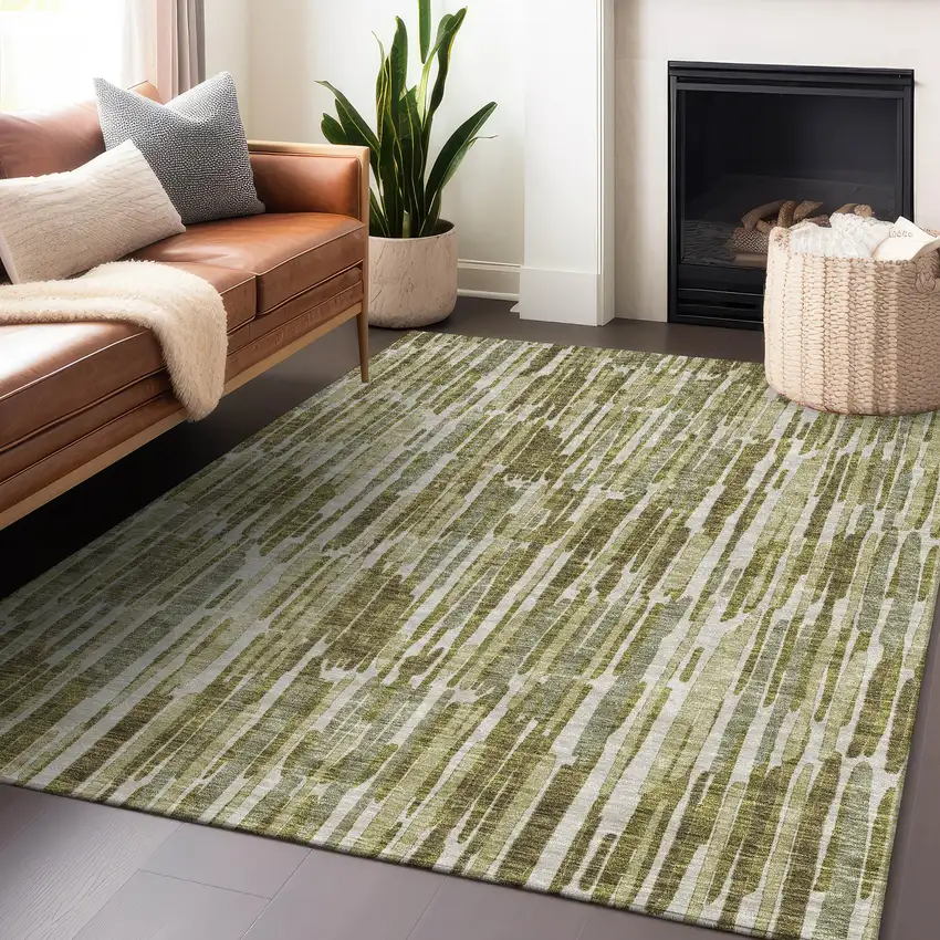 Olive Green Brown And Ivory Abstract Washable Area Rug With UV Protection Photo 5