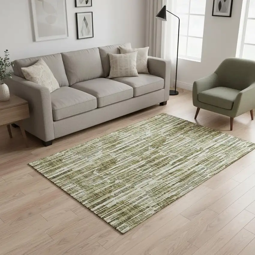 Olive Green Brown And Ivory Abstract Washable Area Rug With UV Protection Photo 2