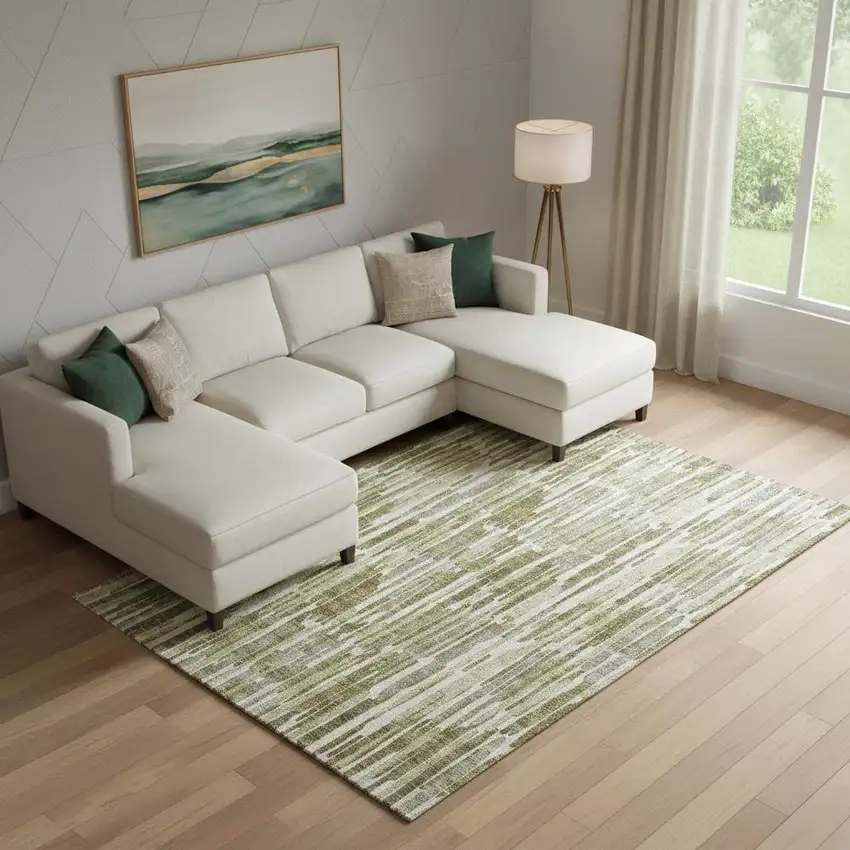 Olive Green Brown And Ivory Abstract Washable Area Rug With UV Protection Photo 1