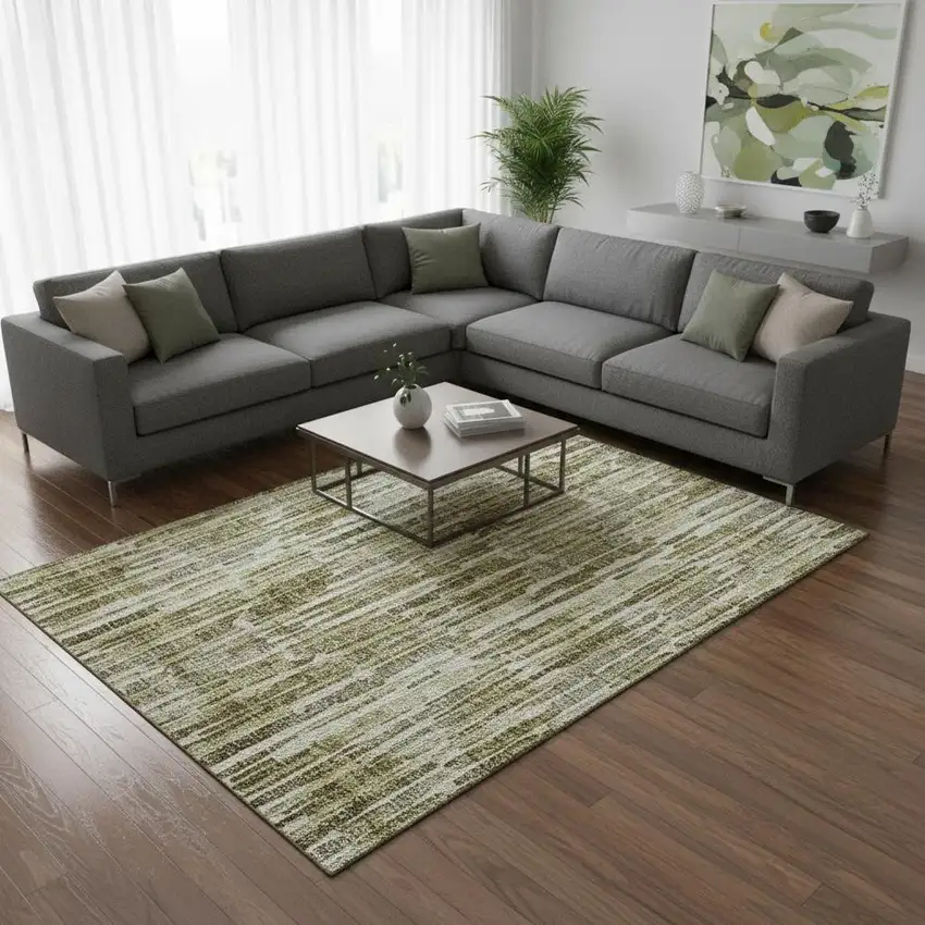 Olive Green Brown And Ivory Abstract Washable Area Rug With UV Protection Photo 2