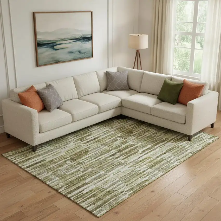 Olive Green Brown And Ivory Abstract Washable Area Rug With UV Protection Photo 1