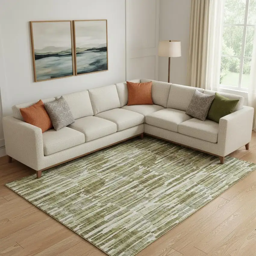 Olive Green Brown And Ivory Abstract Washable Area Rug With UV Protection Photo 1