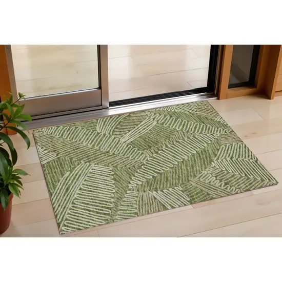 Olive Green Brown And Ivory Floral Washable Indoor Outdoor Area Rug Photo 1