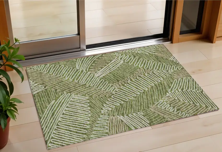 Olive Green Brown And Ivory Floral Washable Indoor Outdoor Area Rug Photo 1
