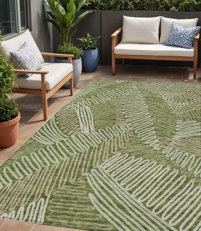 Olive Green Brown And Ivory Floral Washable Indoor Outdoor Area Rug Photo 1