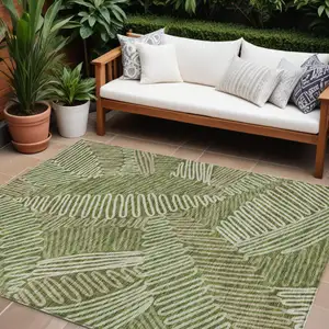 Photo of Olive Green Brown And Ivory Floral Washable Indoor Outdoor Area Rug